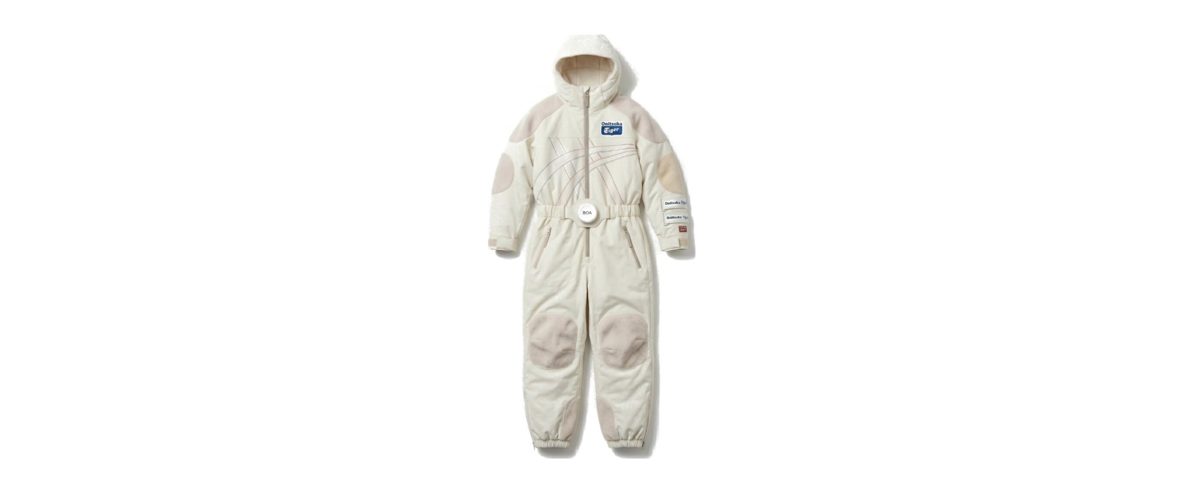 Onitsuka Tiger cream snow onesie concept with BOA waist dial and fleece patches