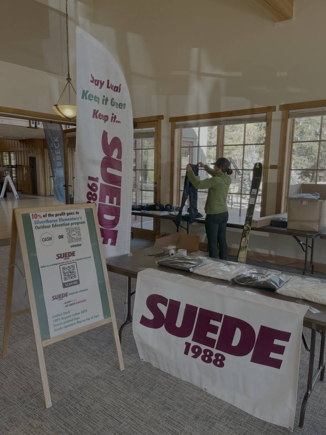 SUEDE1988 pop-up launch, banner, sign and product tables