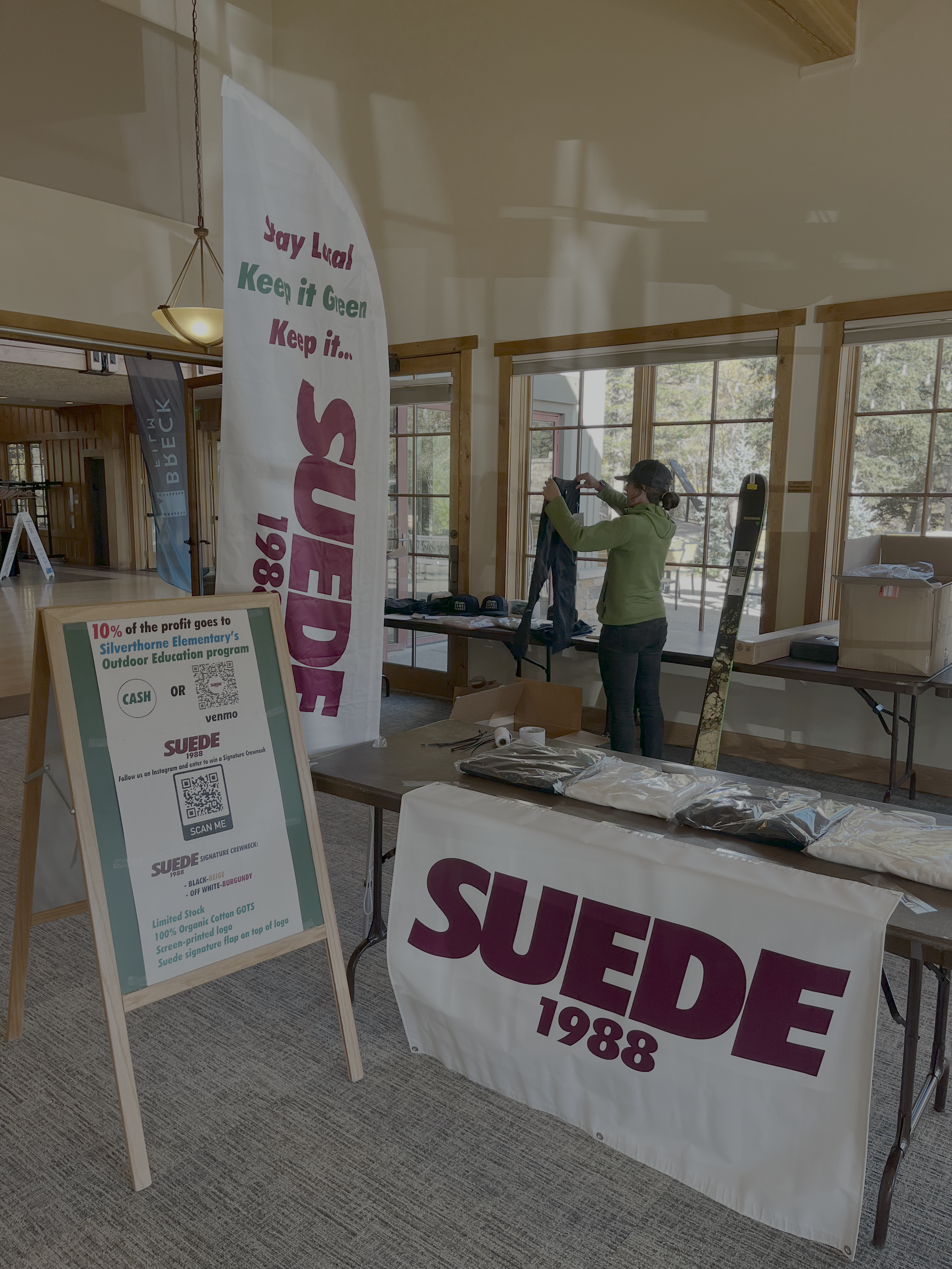 SUEDE1988 pop-up launch — banner, sign and product tables