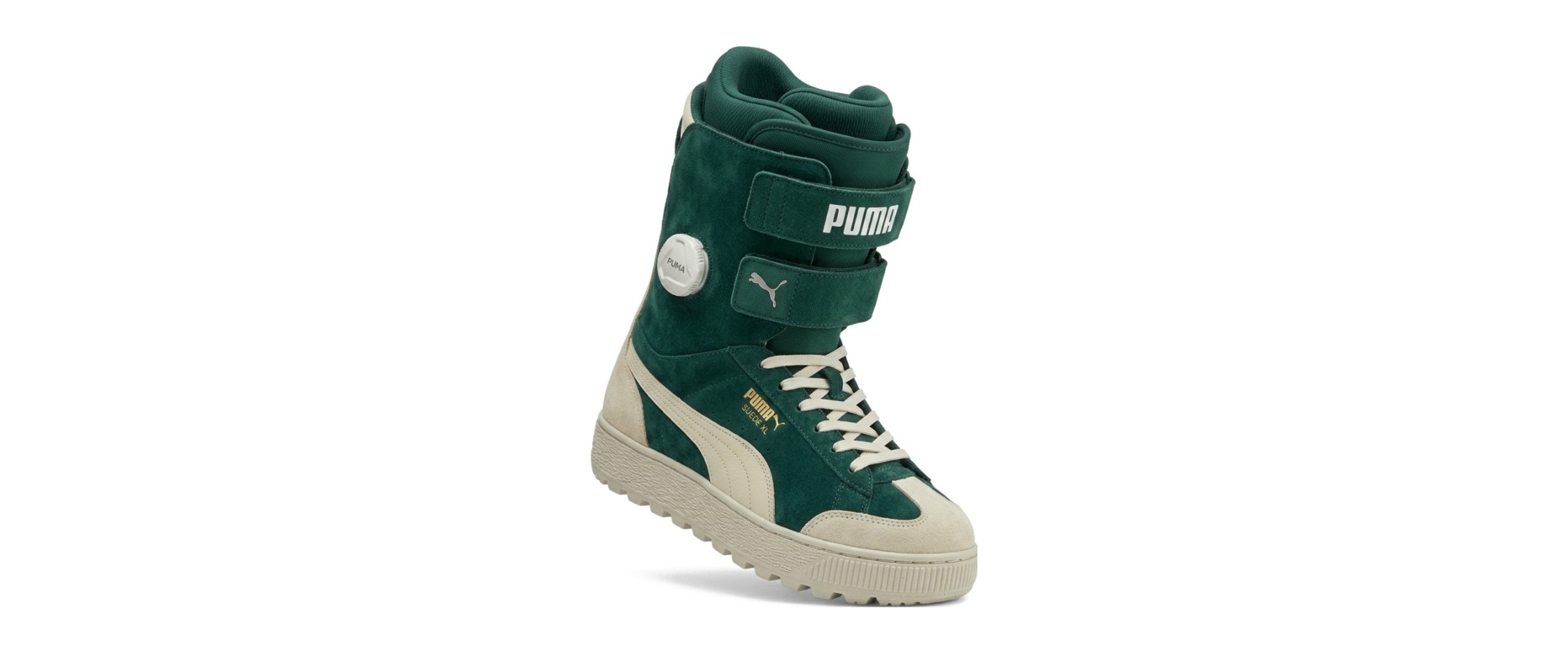 PUMA Suede XL snowboard boot concept, green suede with cream formstrip, dial and velcro straps