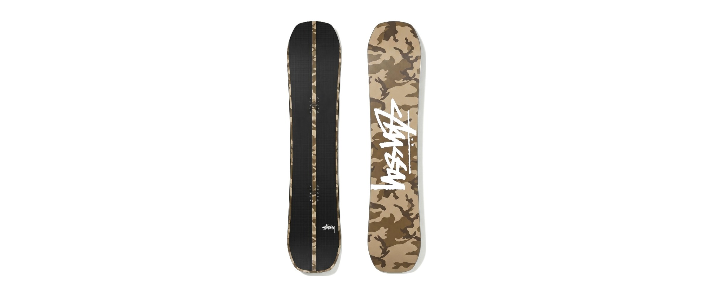 Stüssy snowboard concept, black base with camo sidewall and camo topsheet with white script logo